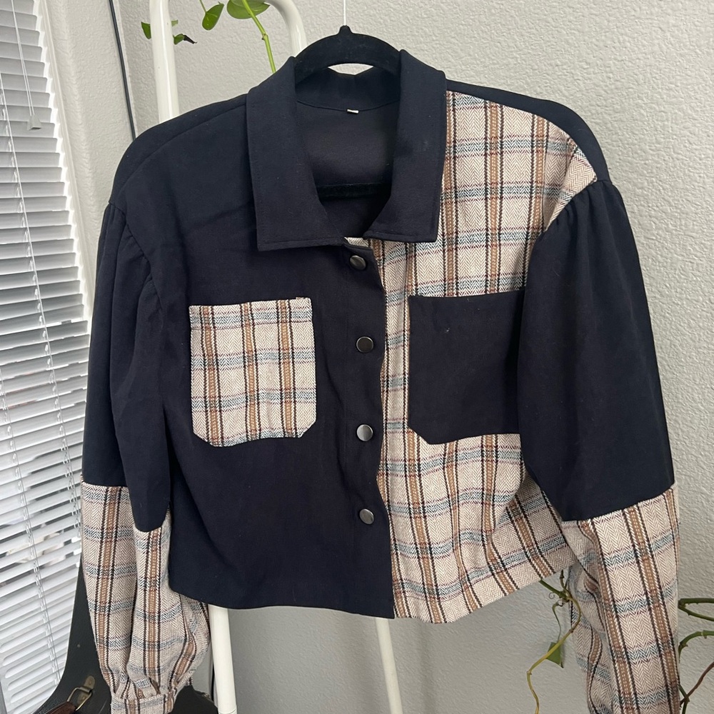 Plaid and Black Button-Up Patch work Jacket
